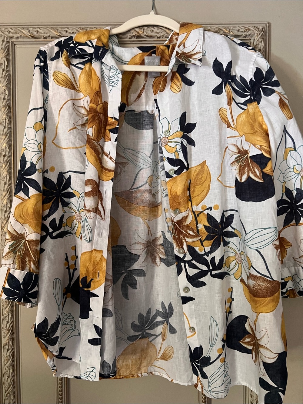 Chico's White Button-Down Shirt with Mustard & Black Floral Print